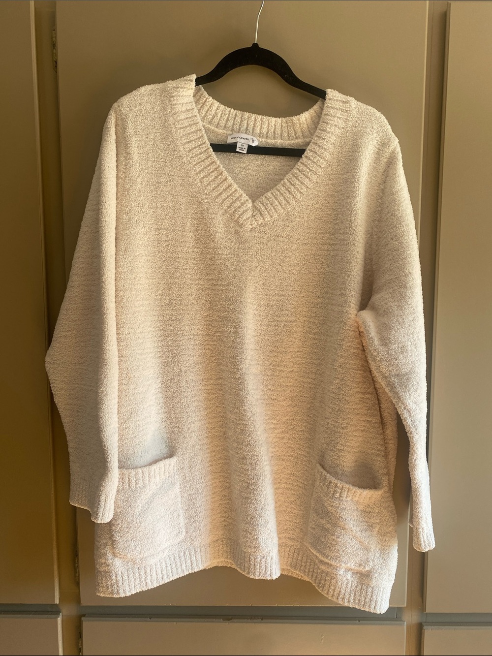 Susan Graver Cream V-Neck Pocket Sweater 3X